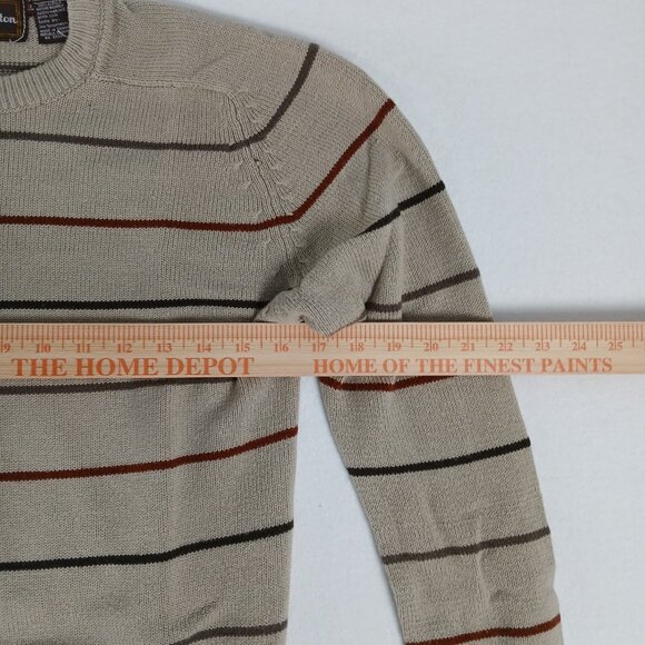 Vintage 90s Wellington Y2K Black Red Striped Tan Knit Crewneck Sweater - Picture 5 of 6